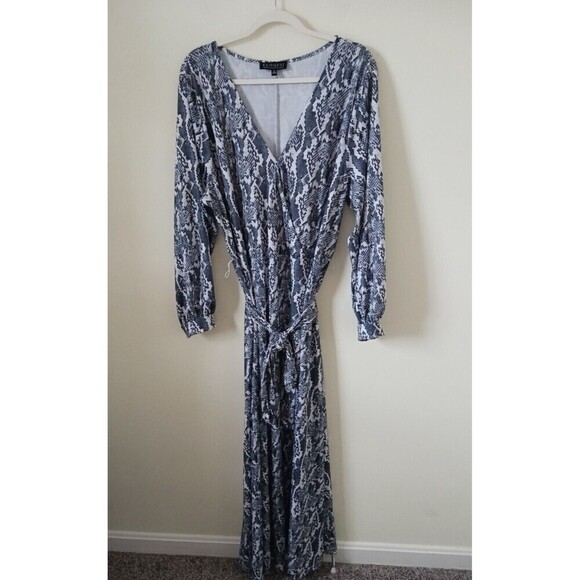 Eloquii Maxi Dress Snakeskin Print Side Slit Belt Stretch Gray White Size 20 - Picture 1 of 8
